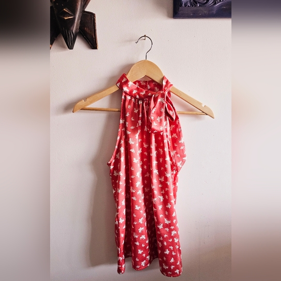 Rose pink white butterfly printed palette tip tie bow sleeveless shirt women's S - Picture 2 of 7